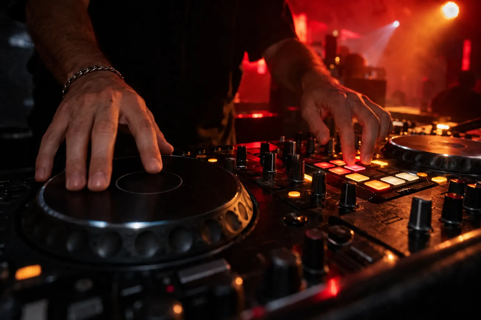 A DJ's hands on a controller in a dark club booth
