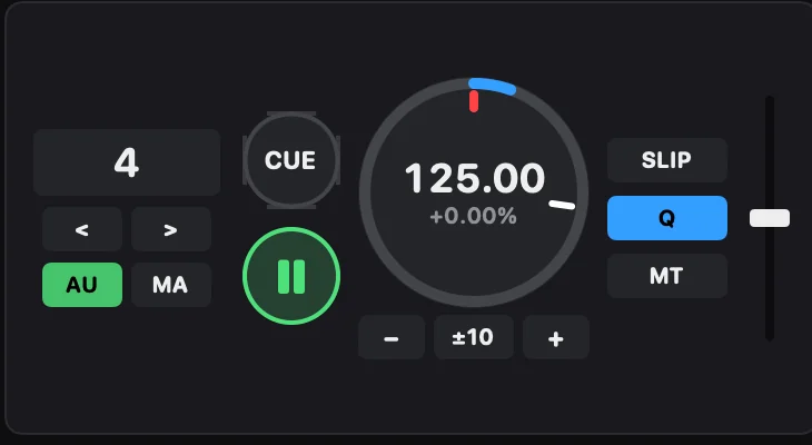 Mixqora jog display at 125.00 BPM with SYNC, quantize and Master Tempo